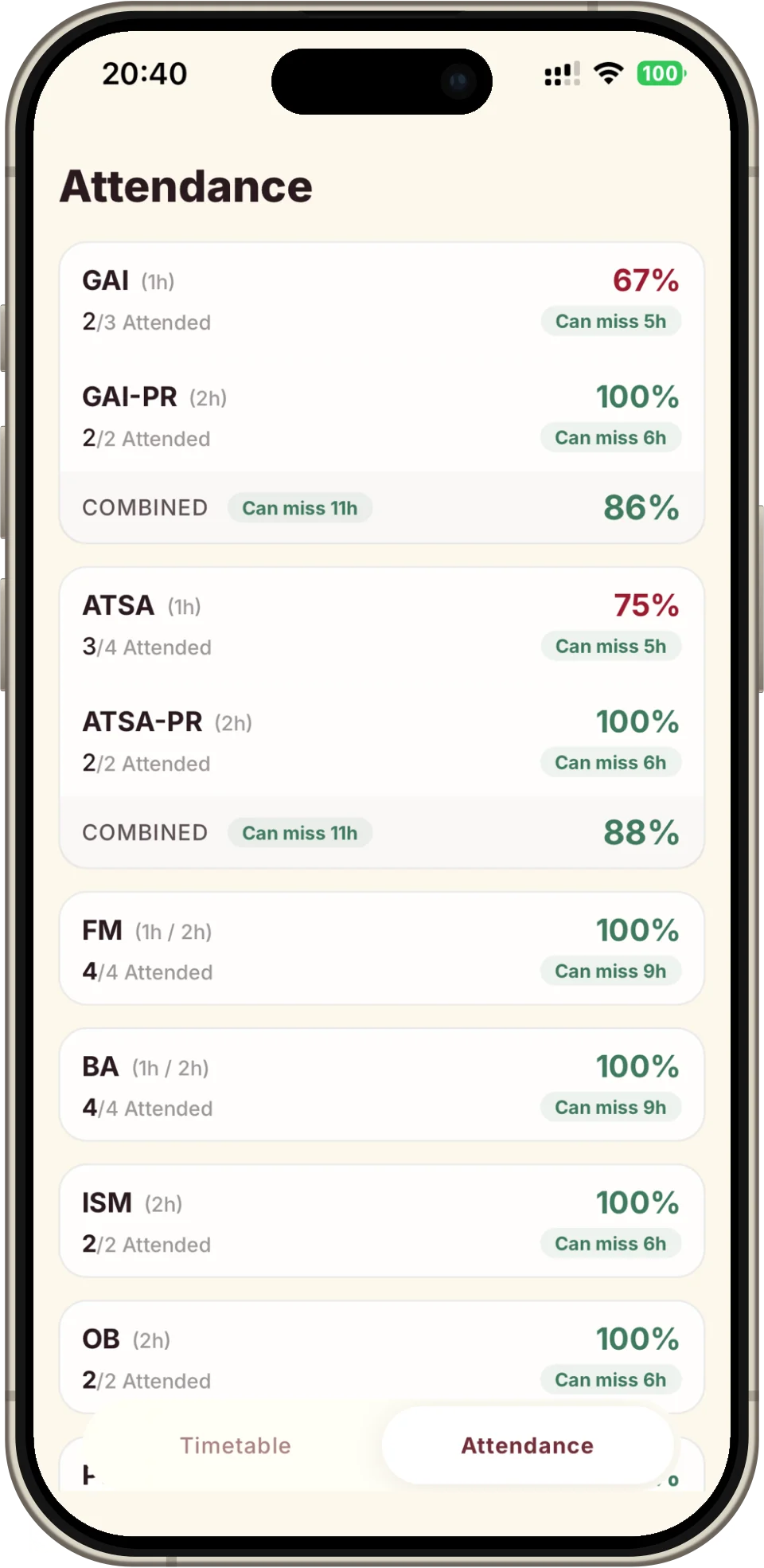 Attendance skip calculator showing how many classes you can bunk while staying above 75%